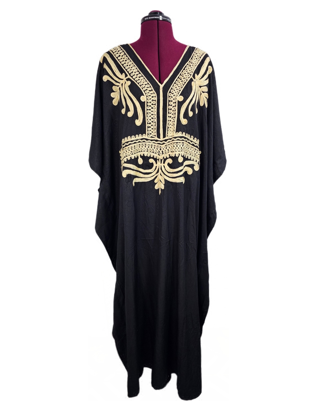 Moroccan Black Gold Cream Batwing Kaftan Boho Maxi Dess Embroidered Yoke